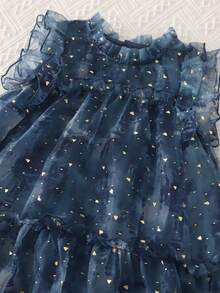 女童星形印花公主薄纱蛋糕裙，节日服装，生日礼物，派对服饰 - 藏蓝色 - 查看 6