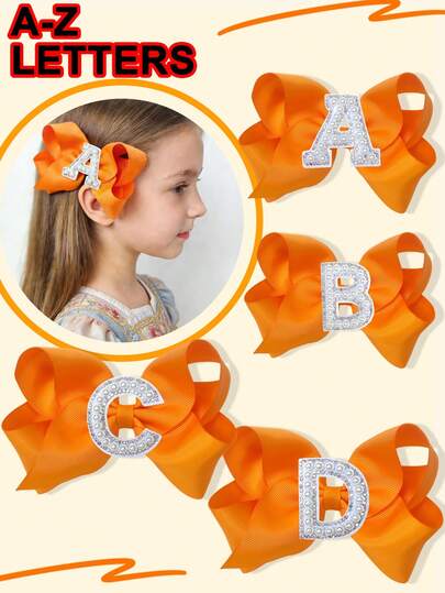 1 pieza Lazo de pelo de 5 pulgadas con 26 letras A-Z de perlas naranja personalizado para niñas con coleta, accesorios de pelo para niñas con clips para festivales, fiestas, escuela, temporada de graduación, primer día de clases, estudiantes, accesorios de pelo para niños