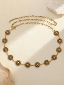 向日葵复古图案时尚金属百搭女士腰链，女士时尚连衣裙腰带，身体饰品，适合春、夏、秋、冬婚礼派对女士腰链，可调节 - 金黃色 - 查看 2