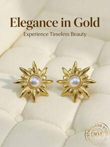 女士耳钉 - 镀金仿珍珠耳钉，精致星形海星、蝴蝶、太阳花蕊耳钉。简约低敏耳垂穿刺饰品。个性化夏季大花朵耳钉，低敏认证，加厚耳带。时尚饰品。（1/3对） - 彩色 - 查看 2