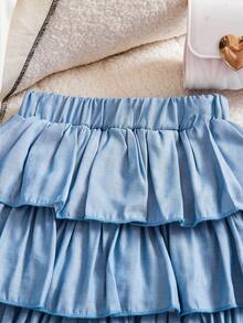 Conjunto de vestido de pastel con lazo dulce para niñas pequeñas - Camiseta blanca con mangas con volantes + Falda plisada azul de varias capas con decoración de lazo grande + Cintura elástica, Estilo princesa Conjunto de 2 piezas para verano, Adecuado para fiesta de cumpleaños, salir con amigos, uso diario, primavera/verano - Azul - Ver 9