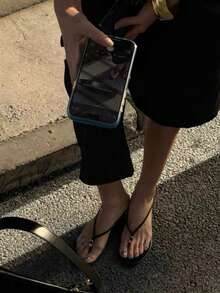 Versatile New Simple Summer Thong Sandals For Women, Kitten Heel Mid Heel Toe Post Glitter Flip Flops, Thin Heel - Black - View 4