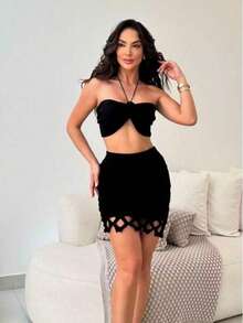 3-Piece Beach Cover-Up Set With Skirt And Cropped Top And Removable Lining - Negro - Ver 2
