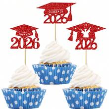 12个2025毕业主题纸杯蛋糕装饰插牌，闪光2025毕业帽纸杯蛋糕插签，2025毕业主题派对蛋糕装饰 - 彩色 - 查看 7