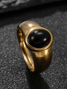 1枚经典几何方形和圆形立方氧化锆不锈钢18K镀金戒指，适合女士日常和派对佩戴 - 黑色-金 - 查看 6