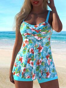 Tie-Dye Floral Print Off-Shoulder Halter Backless Plus Size Tankini Resort Women's Swimsuit - 彩色 - 查看 3