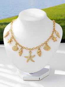 1件时尚简约夏季海滩度假海星/贝壳元素女士吊坠项链，独特高端，适合日常/假日佩戴 - 金色 - 查看 6