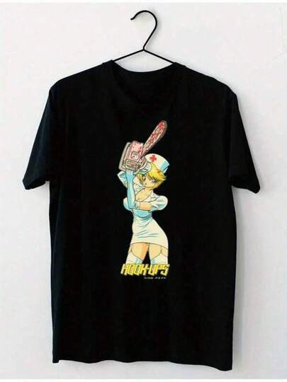 Skjortor Unikt Tryck Casual T-shirt Hook-Ups Herr Svart Chain Saw Nikki Graphic T-shirt - Edgy Skateboard Design, Casual Rund Hals T-shirt, Maskintvättbar, Storlekar S-4XL, Skateboardkläder, Helårskläder, Lekfull Design, Regular Fit T-shirt, Icke-stretchigt tyg Bekväma Fritidskläder Herr T-shirt Ren Bomull Enkel Styling, Visa Upp Din Unika Stil