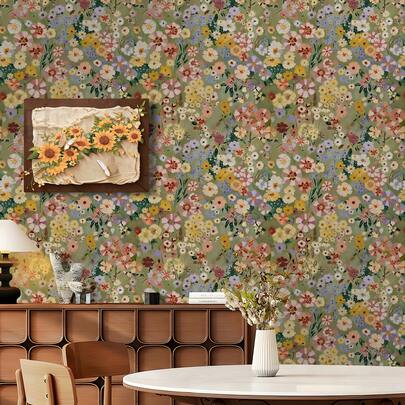 1 Roll Vintage Floral Self-Adhesive Wallpaper - Peel And Stick Wallpaper, Bohemian Style Wall Paper, Waterproof Removable Contact Paper, 17.32in Wide, Spring Garden Oil Painting Floral Wallpaper, Living Room Bedroom Home Decor Sticker, Rental Dorm, Cabinet Bookshelf Wall Niche Furniture Renewal, Valentine's Day, Ramadan Decor Wallpaper