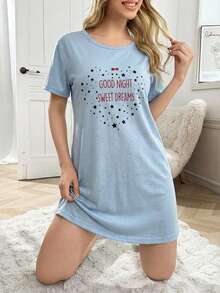 Women Contrast Colour Lettered Round Neck SHORT Sleeve Homewear Pajama Dress - Baby Blue - View 1