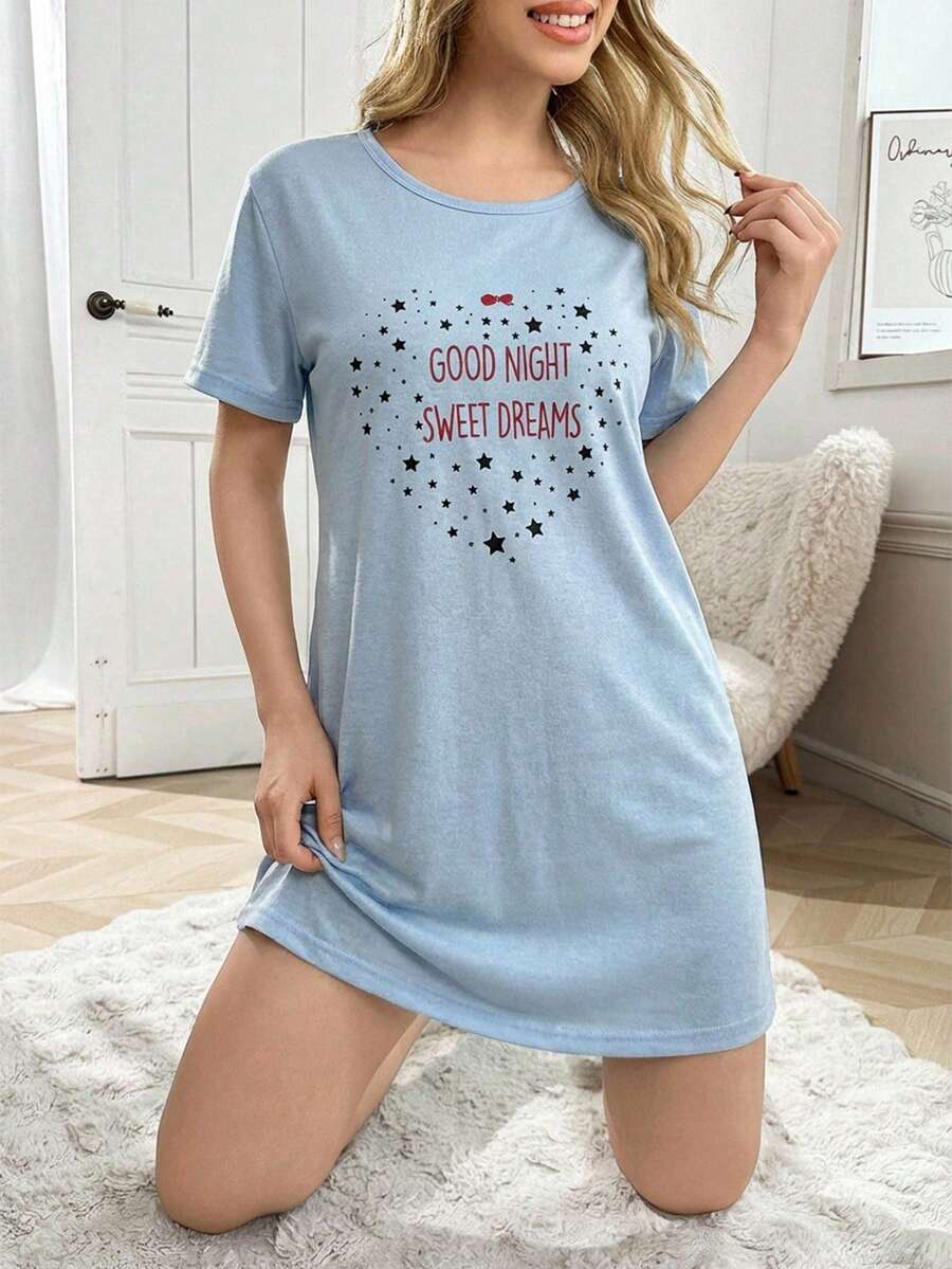 Women Contrast Colour Lettered Round Neck SHORT Sleeve Homewear Pajama Dress - Baby Blue - View 1