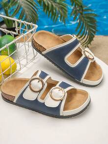 Plus Size 36-43 Fashion Casual Thick Sole Slippers, Daily & Outdoor Wear, Gray Blue, Burgundy, Roman Style Lightweight & Comfortable Versatile Summer Flat Sandals For Women - Premium Blue and White - View 7