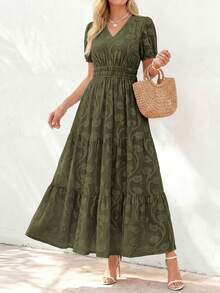 Women's Boho Maxi Dress, Summer Short Sleeve V-Neck Floral Flowy A-Line Long Dress, Formal For Wedding Guest & Baby Shower - xanh quân đội - Xem 1