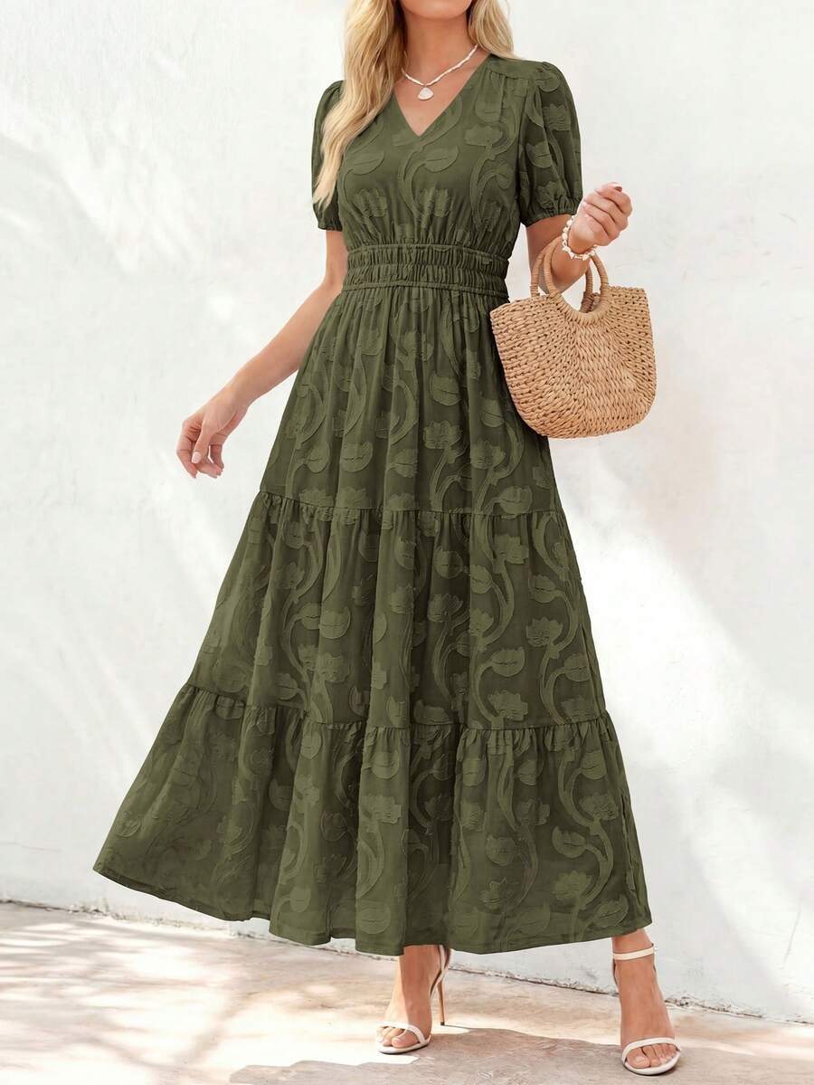 Women's Boho Maxi Dress, Summer Short Sleeve V-Neck Floral Flowy A-Line Long Dress, Formal For Wedding Guest & Baby Shower - xanh quân đội - Xem 1