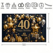 这款黑金主题40岁生日背景幕布，包含闪亮的金色数字、生日装饰、黑金气球和一个礼盒。采用涤纶面料制成，无需电源。适用于40岁生日派对，室内客厅/室外草坪皆可。可用作墙面装饰或派对用品，营造奢华氛围。这款带有生日快乐元素的背景幕布，适合室内外派对。 - 彩色 - 查看 6