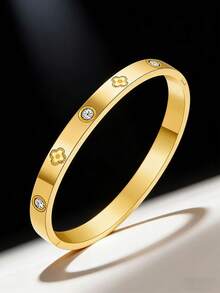 1pc Fashionable Titanium Steel Four-Leaf Clover Flower Zirconia Bracelet For Women, Suitable For Valentine's Day, Dates, Daily Wear - Yellow Gold - View 2