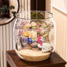 大容量透明鱼缸 - 圆形设计，适合养金鱼和乌龟，配有装饰植物和石头，无需电源 | 光滑亮泽设计 | 自然美学风格 - 查看 4