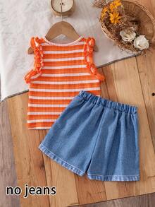 BASUSARRI Bộ quần short in 3D cho bé gái, áo hở lưng viền hoa, quần short giả váy hoa 3D, trang phục thường ngày thời trang cho bé gái. - trái cam - Xem 6