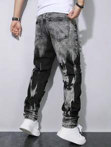 Men Autumn‑Winter American High‑Street Jet‑Black Tie‑Dye Denim Jeans, Edgy Street‑Style Straight‑Leg Pants - Black - View 2