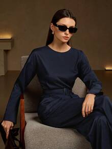Conjunto de dos piezas de pantalón y blusa de manga larga de unicolor y cuello redondo para dama, estilo elegante y casual, apropiado para oficina, citas nocturnas y salidas diarias, conjunto de pantalón y blusa de manga larga para dama, primavera - azul real - Ver 6