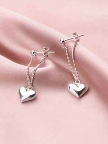 1 Pair S925 Sterling Silver Minimalist Romantic Heart Tassel Earrings, Unique Design Delicate Heart-Shaped Long Earrings, Versatile For Daily Wear, Elegant Gift - Love - View 4