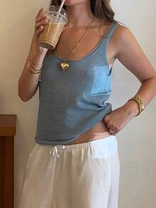 女士夏季蓝色度假沙滩吊带背心，低领口 - 藍色 - 查看 5