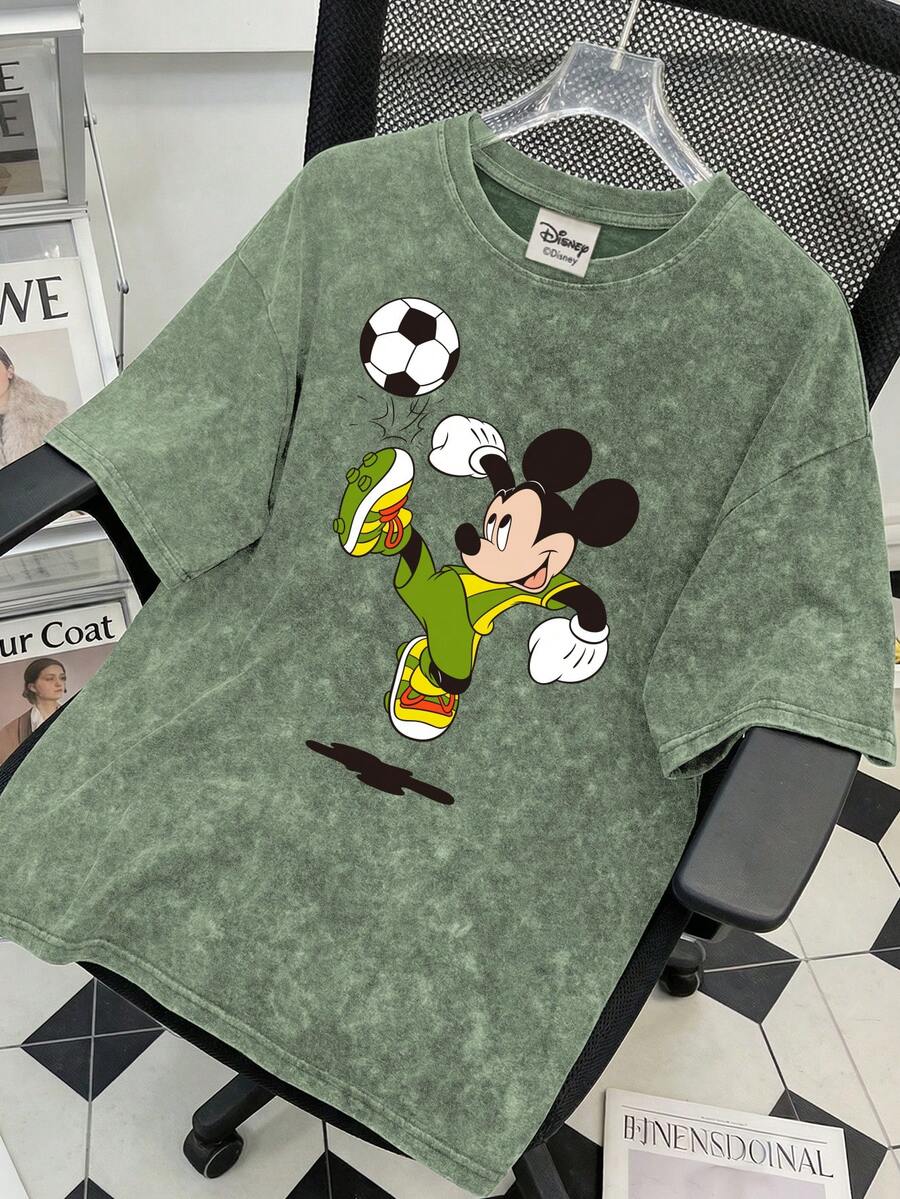 Disney Retro Washed Men's Crew Neck Short-Sleeved T-Shirt With Mickey Mouse Soccer Print, Perfect For Summer Wear. - Green - View 1