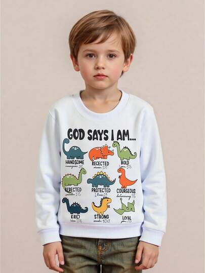 Sudadera de otoño para niño pequeño con estampado de dinosaurio y letras, manga larga, cuello redondo, blusa holgada