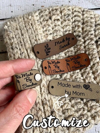 Custom Knitting Leather Tags -Personalized Faux Leather Labels With Rivet Closure, Personalized Name And Heart/Floral Pattern, Available In Multiple Colors, Suitable For Knitted, Handmade Or Crochet, Suitable For Beanies, Mother'S Day Gifts, Father'S Day Gifts, Friends' Gifts, Handicrafts, Decorative Hanging Tag Designs, Rivet Fixed Labels, Handmade Accessories, Creative Essentials.