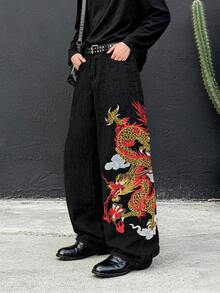 Quần jeans dáng rộng ONE.DINY phong cách retro Mỹ thêu hình rồng đen; quần thường ngày phong cách đường phố Gothic tối màu. - màu đen - Xem 4