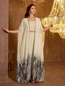 SUPGIR 女士方领亮片拼接蝙蝠袖褶皱胸部雪纺优雅晚礼服 - 杏色 - 查看 7