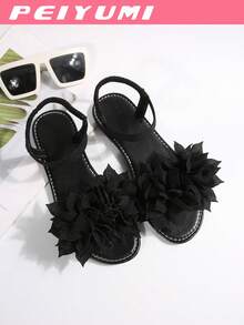 PEIYUMI Women's Sandals, Summer Beach Floral Decor Sandals, Stretchy Elastic, Easy To Carry - Black - View 6