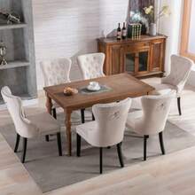 Leinen Esszimmerstuhl Schlafzimmerstuhl Mit Eichenbeinen, Knopf, Chromklopfer Und Nagelkopfbesatz Küchenstuhl Wohnzimmer Lounge Freizeitstuhl (Beige, 6 Stück) - White - View 3