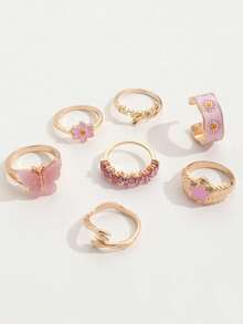 1 Set de Anillos con Efecto Gota de Aceite Rosa Estilo INS, Anillo de Estrella de Cinco Puntas Dulce, Anillos con Mariposa y Margarita Abrazando Letras - Multicolor - Ver 4