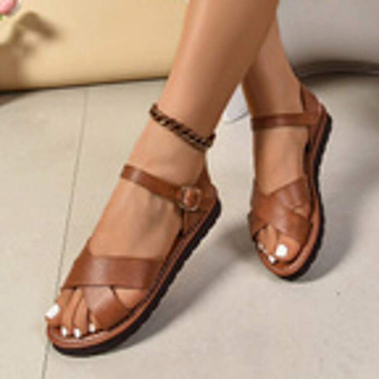 Sandalias planas de verano 2024 de moda para tallas grandes, estilo coreano informal romano, sandalias de playa para mujer, sandalias planas retro cómodas con tira cruzada y puntera abierta - Marrón - Añade 11
