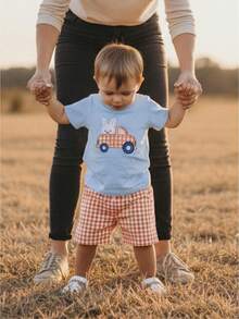 2Pcs Toddler Baby Boy Summer Clothes Infant Easter Outfits Embroidery Bunny Short Sleeve T Shirts And Gingham Shorts Sets - Blue - View 1