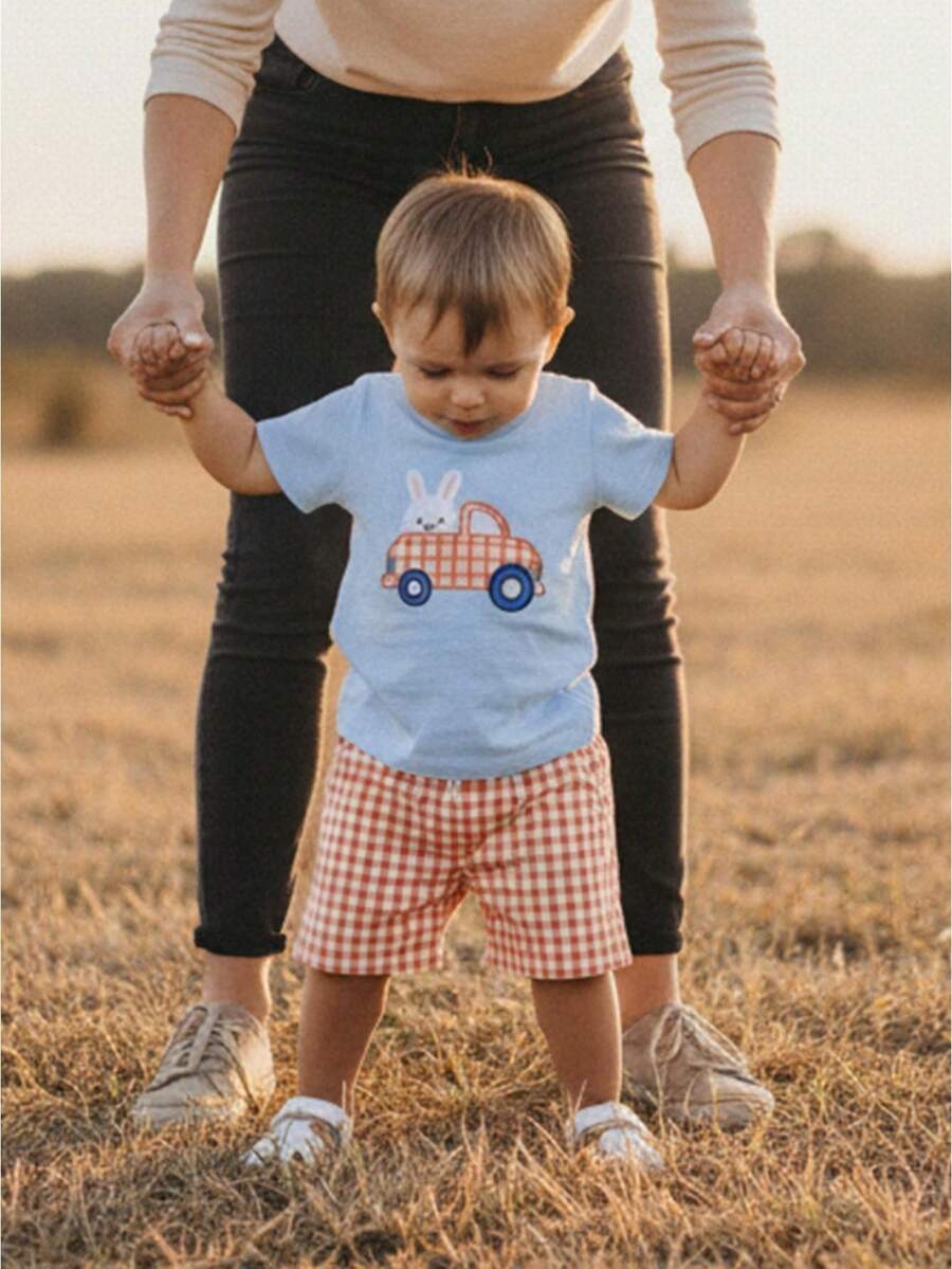 2Pcs Toddler Baby Boy Summer Clothes Infant Easter Outfits Embroidery Bunny Short Sleeve T Shirts And Gingham Shorts Sets - Blue - View 1