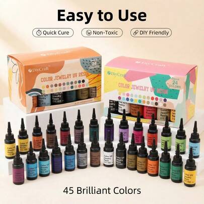 彩色UV树脂，24色系列（每色10克），低气味、低气泡，适用于树脂浇铸和涂层、珠宝制作、装饰工艺品、DIY树脂艺术、树脂浇铸材料、艺术树脂颜料、珠光粉树脂、珠光UV树脂，高品质