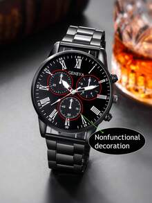 1 Set Men's Casual Fashion Quartz Watch, Large Roman Numeral Dial, Analog Display, Suitable For Daily Wear, Birthday Gift Or Gift For Friends And Family (No Gift Box) - 黑色 - 查看 4