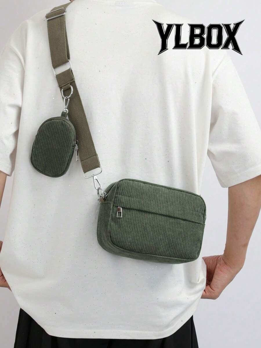 2pcs Men's Mini Crossbody Bag Set - Messenger Bag & Coin Purse, Square Shaped Lightweight Shoulder Bag With Adjustable Strap, Travel Essential, Summer Corduroy Bag, Holiday Valentine'S Day Phone Bag - Green - View 1