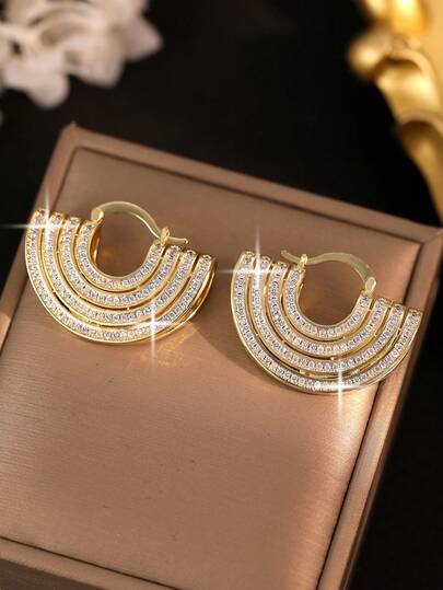 1pair Luxury Exaggerated U-Shaped Cubic Zirconia Hoop Earrings, Suitable For Daily Commute And Valentine's Day Wear And Party Occasions