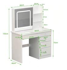 Tocador Vanity con Espejo Luz LED Mueble para Maquillaje Vintage Blanco con Espejo Movible Escritorio con 6 Cajones y Estantes De Almacenaje - Blanco - izquierda - Ver 2