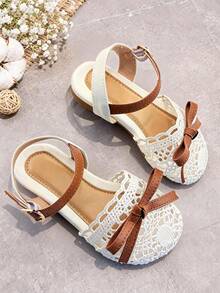 1 Pair Fashion Children's Flat Sandals, Girls' Closed Toe Anti-Collision Sandals, Mesh Breathable Upper, Bow Decor, Adjustable Strap Design, Suitable For Daily Outing, Wedding Party, Summer Holiday - White - View 6