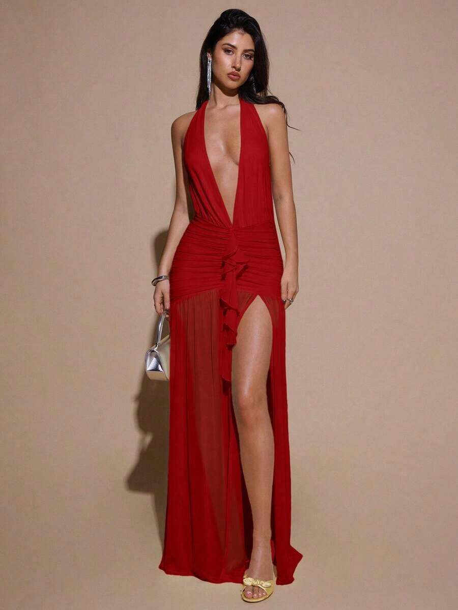 2026 Dresses For WomenBAE Sexy Minimalist Solid Yellow Cream Deep V-Neck Halter Bodycon Ruched Fitted Women's Maxi Mesh Dress, Suitable For Party, Cocktail, Formal Occasions, Bridesmaid, Birthday, Business Casual, Elegant Women Maxi Dress,Valentine's Day,Valentine Fits For WomenLoose And Comfortablevestidos - 紅色 - 查看 1