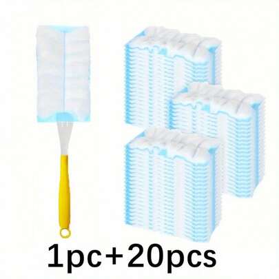 1 Handle + 20 Replacement Heads Disposable Electrostatic Feather Duster, Suitable For Home, Desk Crevice Cleaning Brush And Pet Car Interior Dust Removal, Desk Cleaning, Home Cleaning, Easy To Use Brush, Plastic Handle, Static Dust Collector, Housekeeping Staff, Office Workers