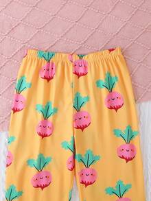 2pcs/Set Girls' Casual Cute Carrot Cartoon Print Crew Neck Long Sleeve Sweatshirt And Pants Sleepwear Set, Flame Retardant, All Season - Ginger - View 8