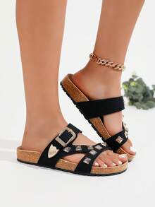 2026 New Women's Retro Leather Buckle Open Toe Flat Sandals, Summer Beach Slippers - Black - View 5