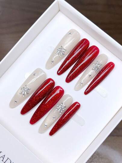 Pure Handmade Wearable Nail Art Almond-Shaped Nails; Hand-Painted Autumn And Winter Red Cat Eye Nails With Inlaid Diamonds; Handmade Press On Nails Homemade Press On Nails Handmade Nailshigh- Simple Design Nails, Full Coverage Fake Nails, Y2K Nails, Unique And Niche Creative Fake Nails, Daily Nails, Cute Modern Style Nails, Daily Use, Detachable Wear And.