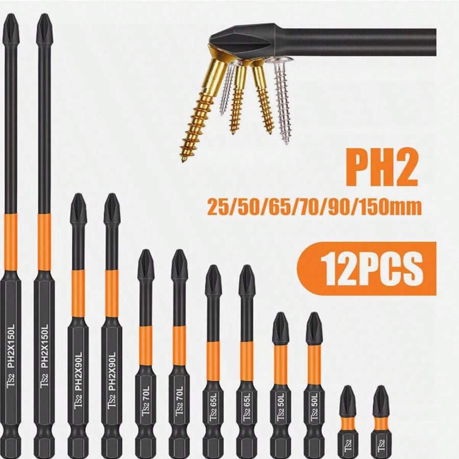 12Pcs Magnetic Anti-Slip PH2 Impact Driver Screwdriver Drill Bit Tool Set - Black 1pc - View 1