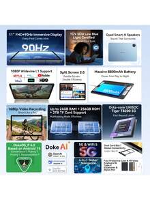 Blackview Zeno 10 平板电脑全球版，11 英寸 FHD+ 显示屏和四扬声器，搭载紫光展锐 Tiger T8200 5G 处理器，最高配备 24GB 运行内存和 256GB 机身存储，1600 万像素 + 1300 万像素双摄像头，8800mAh 电池支持 18W 快充，运行基于 Android 15 的 DokeOS_P 4.2 系统。 - 黑色 - 查看 2